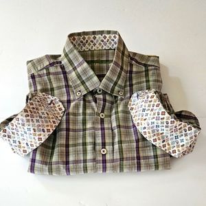 Alan Flusser Mens Large Green/Purple Plaid LS Button-Down W/Flip Cuffs &…